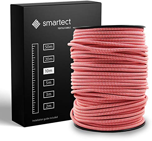 smartect Cable Electrique Textile Rouge Blanc, Fil Electrique Tissu de 10 Mètres, 3 Conducteurs (3 x 0,75mm²) Cable Tissu Lampe pour Les Projets de Bricolage