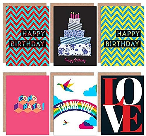 Wee Blue Coo Geometric Bright Bold Quirky Love All Occasions Various Assorted Blank Greeting Cards With Envelopes includes Birthday Congratulations Thank You Pack of 6