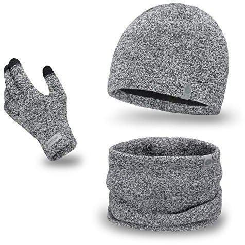 PaMaMi Herren Winter-Set 3-teilig (Handschuhe, Mütze, Loop-Schal) | Hellgrauer melange | Handschuhe mit Touchscreen-Funktion, atmungsaktive Mütze und wärmender Loop-Schal in Strickoptik