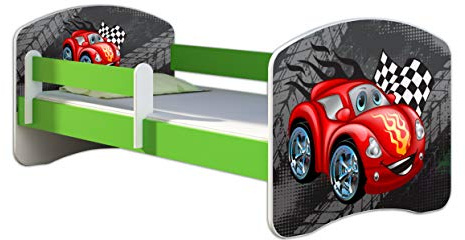 ACMA Kinderbett 160x80 Jugendbett mit Matratze, Farbe Grün, Rausfallschutz Lattenrost II Spielbett Kinderzimmer Möbel, 05 Rote Auto