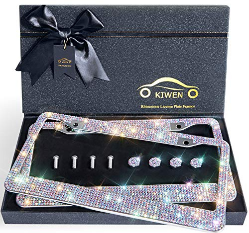 Bling License Plate Frames with High End Ribbon Gift Box,2 Pack Rhinestone License Plate Frame,Handcrafted Crystal Premium Stainless Steel Bling License Plate Frame for Women,Birthday