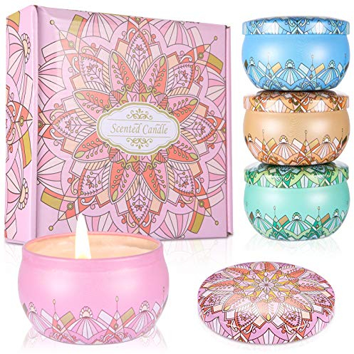 Viesap Bougies Parfumées, 4PCS Cire de Soja Naturel, Bougie Parfumées Ensemble Cadeau, Rose, Vanille, Cadeau Bougies Femme pour L'aromathérapie Bath Yoga, Mariage, La Saint-Valentin, Noël.