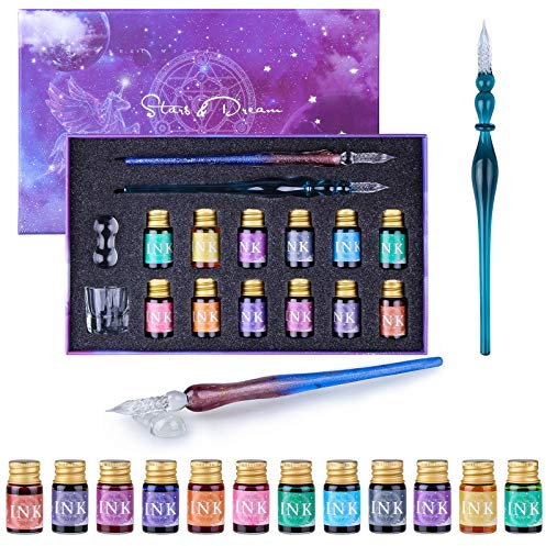 Glass Dip Pen Ink Gift Set 16 Pack, 2 Calligraphy Crystal Dip Pen with 12 Color Drawing Ink for Art/Painting/Writing, with Holder and Clean Cup for Drawing Beginners Gift