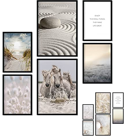 bilderreich Poster 6er Set Beidseitige Bilder - Stilvolle Home Deko für Schlafzimmer und Wohnzimmer | Poster Vintage Set Federleicht Pferde A4 | A5
