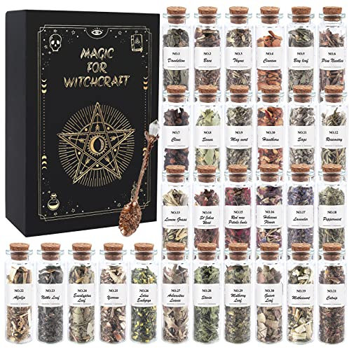 HOOMUU Witchcraft Supplies Herbs - 30 Bottles Dried Herbs Kit for Beginners - Altar Supplies Healing Herbal Natural Herbs Crystal Spoon for Wicca, Pagan Magic Spells and Bath