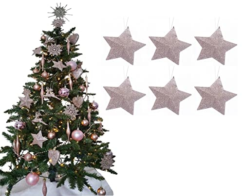 Pack of 6-8cm 3D Glitter Star Baubles Christmas Tree Decorations (Rose Gold)
