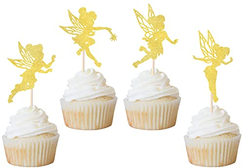 Xsstarmi 24 PCS Fairy Cupcake Toppers Glitter Angel Ballet Dancer Cupcake Picks Flower Fairy Cake Decorations for Baby Shower Girl Birthday Wedding Party Supplies Gold