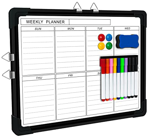 Weekly White Board, Small Dry Erase Board 16X12, Double-Sided Magnetic Calendar Whiteboard, Portable Dry Erase Calendar for Wall and Desktop with Fine Tip Markers, Magnets, Eraser (Black)