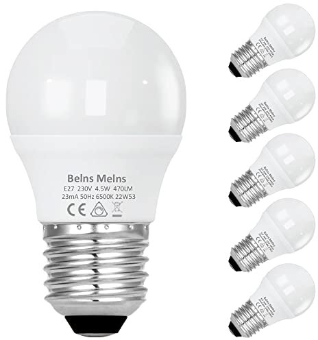 Belns Melns E27 Dimmbar Golf P45/G45 LED Glühbirne 4.5W, Ersetzt 40 Watt, 6500K Kaltweiß E27 Kugel Lampe 470lm Tropfenbirne, Stufenlos Dimmbar, 6 Stück