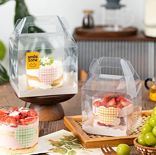 LATERN 10 Stück Klare Tortenschachteln, 4 Zoll Kuchenbox aus Kunststoff Quadratische Geschenkbox Cupcake-Box mit Griff und Sockel für Hochzeit Geburtstag Babydusche Gastgeschenke