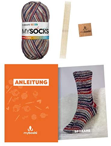 myboshi Strickset Socken Spokane, Strickset für Anfänger, inkl. mysocks, 4-fädige Sockenwolle, Nadelspiel, Anleitung, Label, 75% Schurwolle, 25% Polyamid Lila (Berdal) mit Nadelspiel