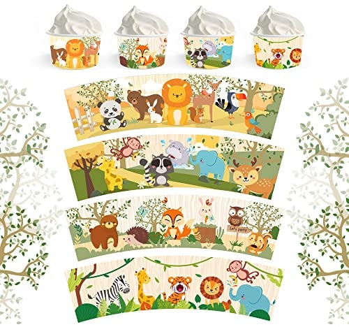 Bialowase 24 Stück Dschungel Tiere Eisbecher Pappe, Eisschalen Essbare Schälchen Candybar Becher, bunt klein Pappbecher für Eiscreme Wild one Kinder-Geburtstag Party Deko gelb