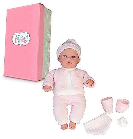 My Sweet Love Elegance Crying Baby Girl mit rosa Farben, Neugeborene Babypuppe, 33 cm und Harter Körper, Strickkleidung und Zubehör, Schnuller, Spielzeug, 2 Jahre, berühmt