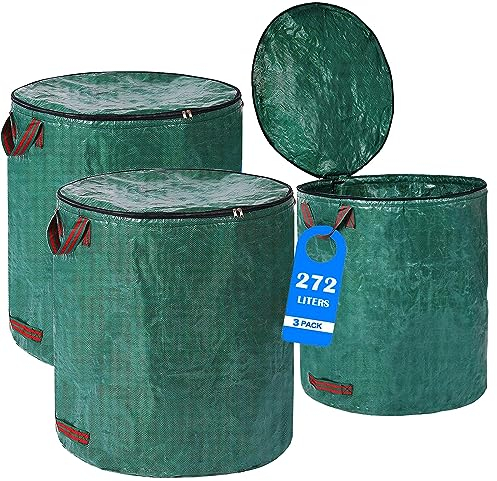 HASA zone Lot de 3-Sac Jardinage Dechets avec Couvercle 272L - 4 Poignées Indéchirables, Sac Dechet Vert Reutisable et Pliable - Sac Jardin Polypropylène Robuste