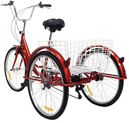 EurHomePlus 24 Inch Red 6-Speed Tricycle for Adults Senior Bike 3 Wheels Bicycle Trike with Shopping Basket for Storing Items When Shopping and Sports