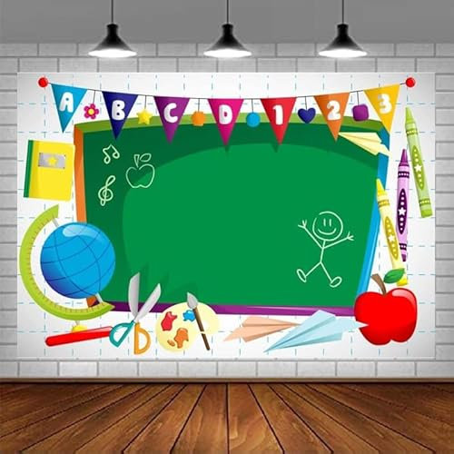 Fotografie Hintergrund Willkommen im Kindergarten ABC Buchstaben Tafel Aquarellstift Flugzeug Globus Zurück zur Schule Hintergrund 240x180