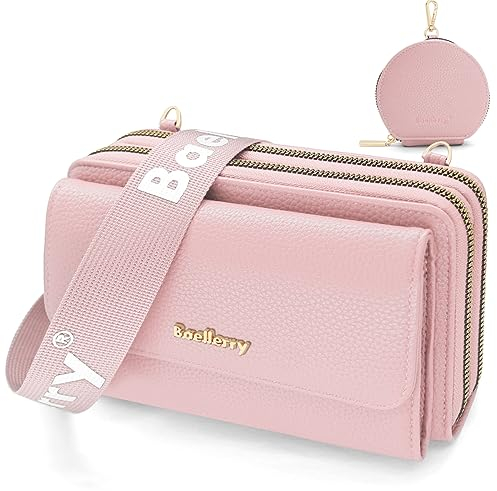 HNOOM Sac Bandoulière Femme Pochette Telephone Portable en Cuir PU Sac Téléphone Portable Femme Mini Pochette Porte Carte Épaule Portefeuille avec Porte Monnaie et Bandoulière Amovible (Rose)
