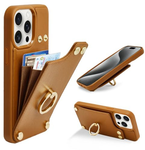 LAMEEKU for iPhone 15 Pro Wallet Case with Card Holder, PU Leather Kickstand Card Slots Case, 360°Rotation Ring Stand, RFID Blocking Snap Button Protective Case for Women for Apple iPhone 15 Pro Brown