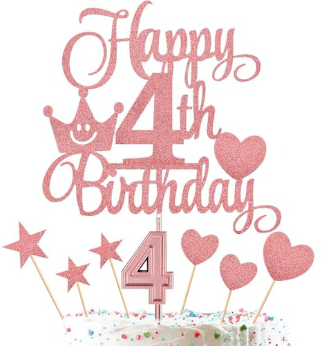 4th Birthday Cake Decorations Set Include 4th Birthday Candles Numeral 4 Cake Candles and Happy 4th Birthday Cake Toppers with Heart Star Cupcake Picks for Birthday Party (Rose Gold Series)