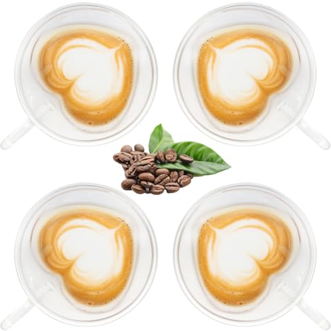 Gohytal Doppelmauerte Glas Kaffeetassen, 2er Set Herz Tasse Kaffeegläser Teegläser, Glastassen für Milch, Geschenk für Mama Frauen Freund Paare zu Geburtstag Hochzeit Jahrestag (4)