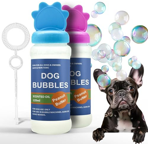2x Bubbles PEANUT BUTTER and BEEF Blowing Bubbles for Dogs Safe SCENTED OIL Interactive Toys for Boredom Puppy and Large Dogs Outdoor Assorted (240ml (Pack of 2), Peanut Butter)