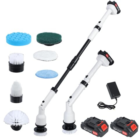 locwanot Electric Spin Scrubber - up to 1000RPM Cordless Cleaning Brush with 4 Replaceable Heads & 2 Batteries, 2 Speeds and Extension Handle, Bathroom and Floor Tile for Bathtub/Kitchen/Window UK