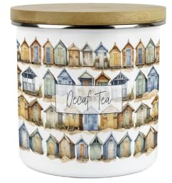 Purely Home Beach Huts Decaf Tea Storage Canister - Seaside Beach Coastal Gift - Metal Enamel Hot Drinks Storage Container