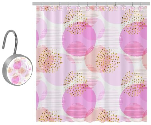 VAPOKF Cortina de ducha con estampado redondo rosa, juego de cortina de ducha de poliéster con 9 ganchos de acero inoxidable para baño, casa de campo rústica, 122 x 182 cm