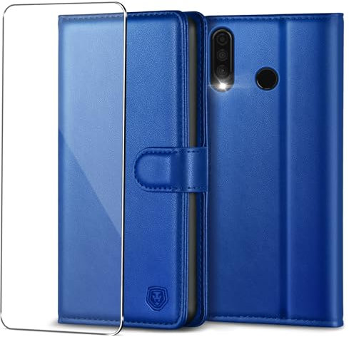 Custodia per Huawei P30 Lite, con pellicola protettiva in vetro temperato, in pelle PU, a portafoglio, con scomparto per carte di credito, magnetica, per Huawei P30 Lite/P30 Lite, New Edition, blu