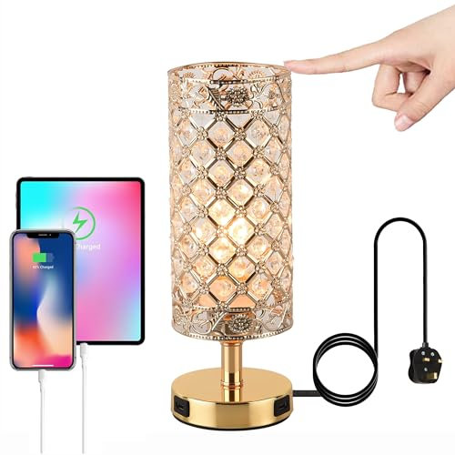 JHYPVII Touch Crystal Table Lamps for Bedroom, Gold Bedside Lamps with 2 USB Charging Port, Modern E27 Dimmable Decorative Table Lights for Living Room Guest Room Study Room, Bulb Included