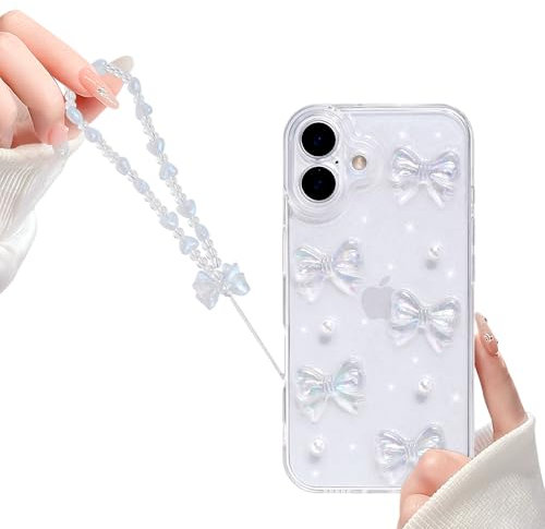 Reownest Clear for iPhone 16 Plus Case, Cute Bling 3D Bowknots Pearl Aesthetic Pattern, Glitter Sparkle Back Lens Protective Phone Cover for Women Girls +Chain