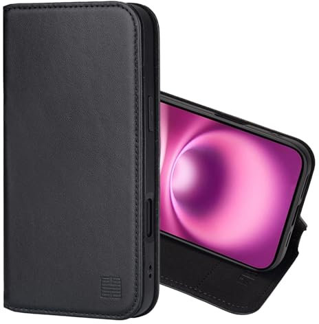 32nd Classic Series 2.0 - Real Leather Book Wallet Flip Case Cover For iPhone 16 Plus (6.7), With RFID Blocking Card Slot, Magnetic Closure and Built In Stand - Black