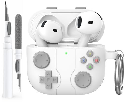 AhaStyle Hülle für AirPods 4 (2024) Mit Reinigungsstift Retro Handheld Game Console Design für AirPods 4. Generation Case Weiches Silikon Schutzhülle Skin für Apple AirPods 4 2024 Ladecase (Weiß)