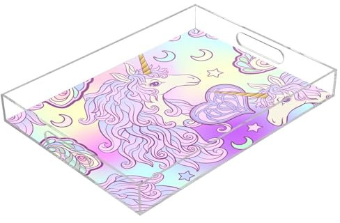 Bandeja acrílica transparente con asas, diseño de unicornios, de 12 x 16 pulgadas, a prueba de derrames