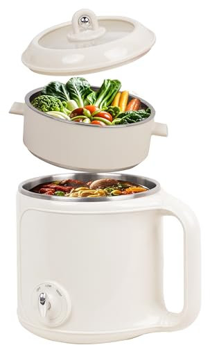 Ksalinameslon Electric heating pot with steamer, 2 liter ramen pot, stainless steel tendon, electric cooker noodle, dual power control rice pot, rice white
