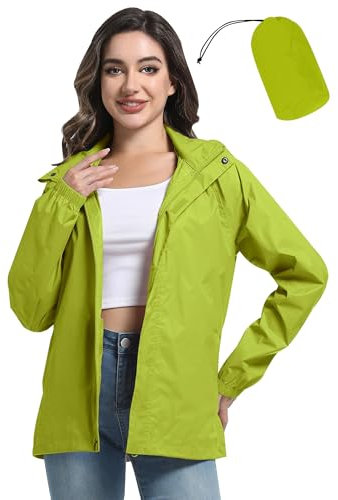 ATLASLAVA Regenjacke Damen Dünne Faltbar Fahrradjacke Wasserdicht Leicht Outdoorjacke mit Kapuze Fahrrad Wandern Zitrone Grün XL