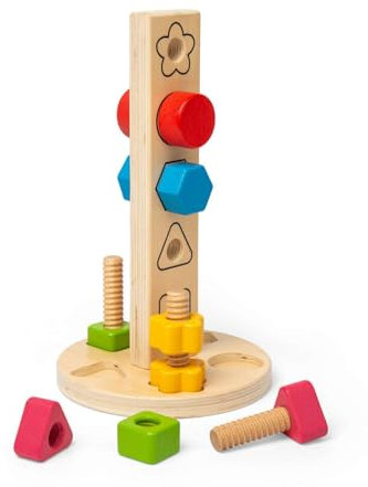 Bigjigs Toys Nuts & Bolts Tower - 11pcs Wooden Construction Toy & Shape Sorter, Educational & Eco Friendly, Montessori Gifts For Babies & Toddlers, Age 12 Months +