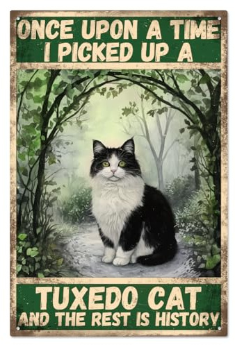 WADORN Vintage Waldkatze Katzenliebhaber Metall Blechschild, 20x30cm Retro Blechschild Für Bar Pub Club Zuhause „Once Upon A Time I Pick Up A Tuxedo Cat“ Wandkunst Poster Plakette Für Zuhause