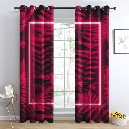 Luxfieo Neon Vorhänge Hot Pink Schwarz Tropische Farn Vorhang Blickdicht Gardinen 166 cm Hoch Verdunklungsvorhänge mit Ösen Thermovorhang für Wohnzimmer Schlafzimmer Fenster Deko 2er Set U#387