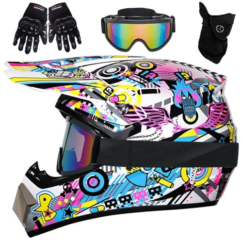 Casco de Motocross Juvenil con Gafas, Guantes Y MáScara para NiñOs de 5 A 14 AñOs, Casco ATV para NiñOs Y NiñAs, BMX, Descenso, Bicicleta de MontañA, Cuatriciclo, Homologado por El Dot(Q1,S(52-53cm))
