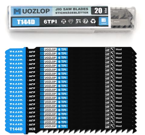 MUOZLOP 20tlgT144D T-Schaft Stichsägeblätter für Holz,Stichsägeblatt Set | T-Schaft Stichsägeblatt Set mit Aufbewahrungskoffer,sägeblätter stichsäge Zubehör (20tlgT144D)