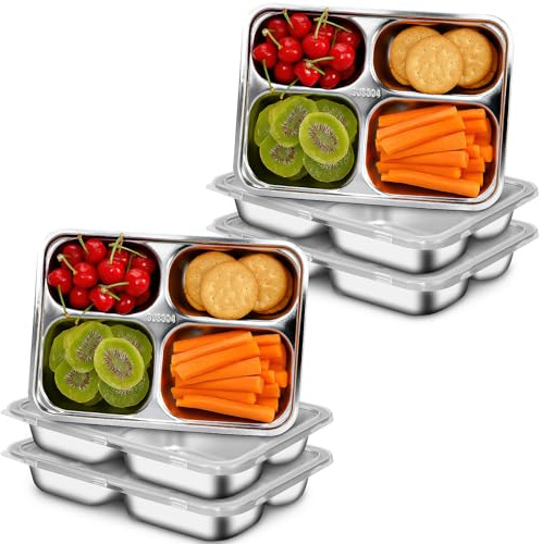 RWFMO 6 Pack Stainless Steel Compartment Plates with Lids, 4 Sections Divided Dinner Plates, Metal Portion Control Divider Plates for Adults Kids Camping School