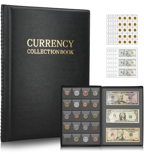 Album Collection Pièces 100 + Billets 15 – Classeur 2 Euros 10 Pages | Couverture similicuir, pages PVC souples. Rabat anti-chute sécurise pièces.Polyvalent : pièces, billets, timbres, médailles.