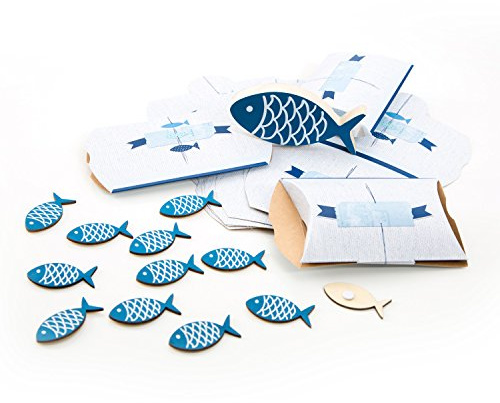 Logbuch-Verlag Kommunion Deko SET 10 Geschenkboxen blau weiß + 12 Tischdeko Fische mit Klebepunkt + 1 Fisch aus Holz