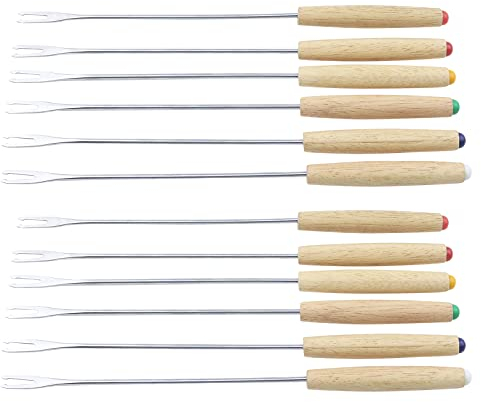 Antrader Set of 12 Stainless Steel Cheese Fondue Forks, Barbecue Skewers Marshmallow Roasting Sticks with Heat Resistant Oak Wood Handle 9.4 Long