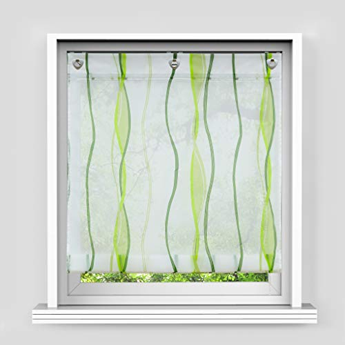 HongYa Raffrollo mit Wellen Druck Transparenter Voile Raffgardine Vorhang mit Hakenösen H/B 140/100 cm Creme Grün