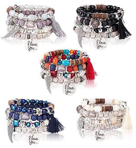 Milacolato 5 Sets Böhmische Stretch Perlen Armbänder für Frauen Mädchen Kristall Perlen Strang Armreif Charme Mehrschichtige Stapelbare Armbänder