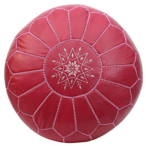 ESSENCE OF MOROCCO Marokkanischer Pouf, Fußstütze, Fußhocker, Ottomane, echtes Leder, rosa Rose, handgefertigt, handgenäht mit gesticktem Design (nur Bezug)