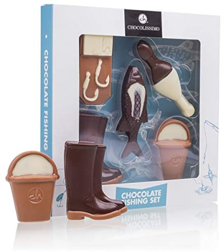 Fischerset aus Schokolade - Set aus Vollmilch-, weißer und Zartbitterschokolade | Anglerset | Geschenkidee | Hobby | Geburtstagsgeschenk |Vatertagsgeschenk | Schokolade