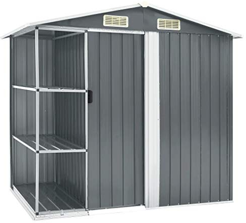 Tidyard Lagerschuppen Werkzeughaus 205 x 130 x 183 cm Gartengarten Metallschuppen mit Schiebetür, 3-lagiges Regal (Grau/Braun)